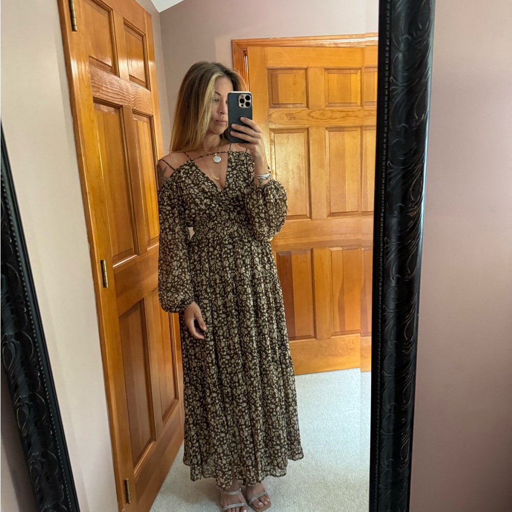 Astr Brown and Black Tiered Sundress with Bishop Sleeves